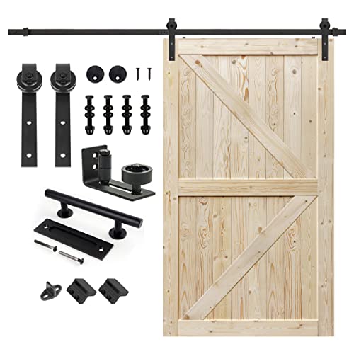 S&Z TOPHAND® 48in x 96in Unfinished British Brace Knotty Barn Door with Sliding Door Hardware Kit/Solid Wood/Sliding/Double Surfaces/A Simple Assembly is Required - size: 48x96in