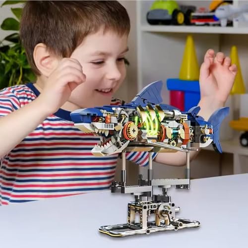 Mechanical Shark Building Set for Boys 12-20 with LED Light and Display Stand, 687 PCS Rotatable Function Sea Animal STEM Toy, Home Decor Gift Adults Teens Kids Boys Ages