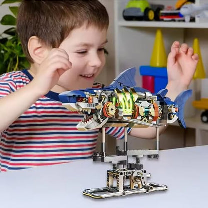 Mechanical Shark Building Set for Boys 12-20 with LED Light and Display Stand, 687 PCS Rotatable Function Sea Animal STEM Toy, Home Decor Gift Adults Teens Kids Boys Ages