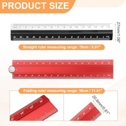 HARFINGTON Folding and Straight Ruler Kit 30/15cm Metric Aluminum Alloy Plastic Protractor Foldable Angle Ruler for Home Classroom Office, Red - color: Red