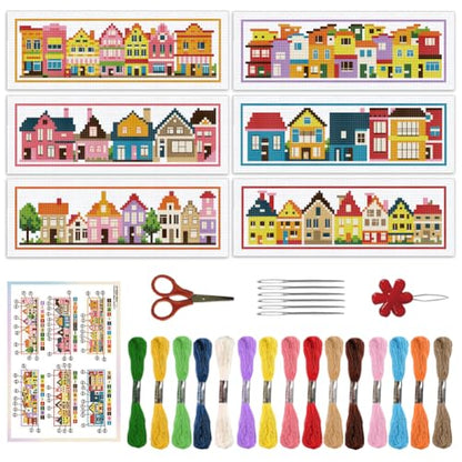 ORIGACH 6 Set Colorful Town House Cross Stitch Bookmark Kit for Beginner - style: Small Houses