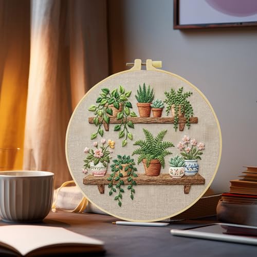 Full Range Embroidery Kit for Adult, Green Plant Pattern Embroidery Kit for Beginners Include Embroidery Cloth Hoops Threads for Craft Lover Hand Stitch with Embroidery Skill Techniques (Book Flowers) - color: Book Flowers