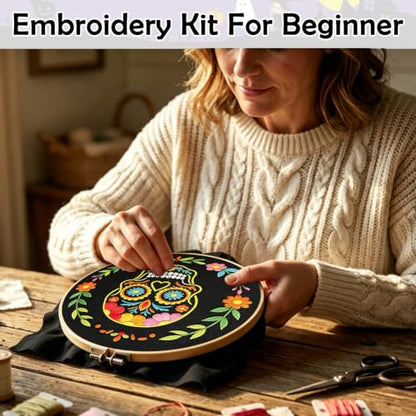 Nuberlic Sugar Skull Embroidery Kit for Beginners Adults Stamped Needlework - color: Sugar Skull