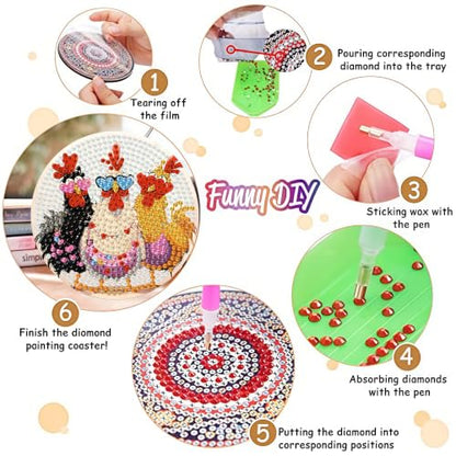 Zythron 8 Pack Diamond Art Coasters,Chicken Diamond Painting Coasters Kits - color: Three Chickens Coasters