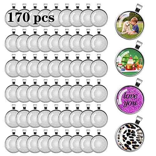 170Pcs Pendant Trays Kit, Round Cabochon and Tray, Alloy Tray Charms Bulk, Bezel Pendant Trays for Homemade Jewelry, Necklaces, DIY Crafts, Resin Art, Paint Pour Skins and Costume Jewelry - size: 170 PCS