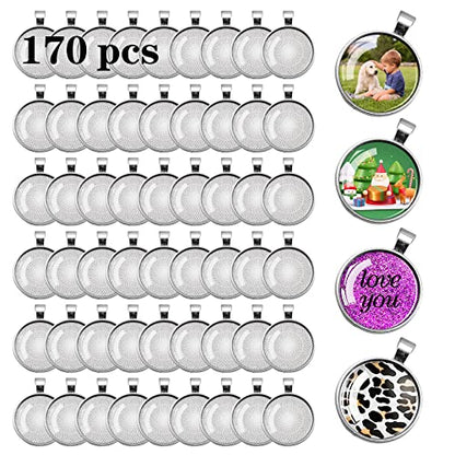 170Pcs Pendant Trays Kit, Round Cabochon and Tray, Alloy Tray Charms Bulk, Bezel Pendant Trays for Homemade Jewelry, Necklaces, DIY Crafts, Resin Art, Paint Pour Skins and Costume Jewelry - size: 170 PCS