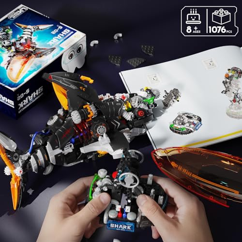 Punk Style Shark Building Set with Light, 1076-PCS Articulated Mechanical Jaws Fish Model with Display Stand, Ocean Predator Kit for Kids 8+ and Adults, Birthday for Marine & Mech Fans - color: Black