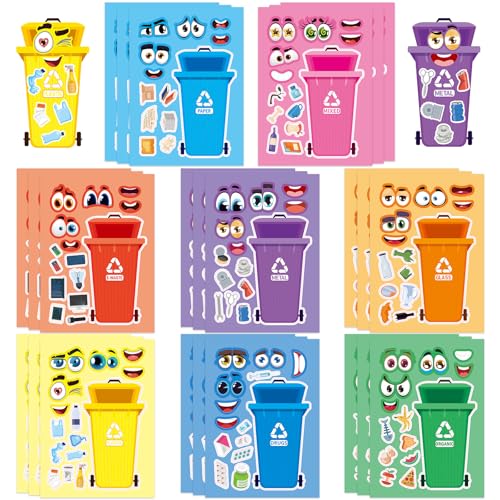 24 Sheets Recycling Bin Make a Face Sticker, Make Your Own Trash Bin Stickers Mix and Match Sticker for Home School Classroom Crafts Activities Reward Birthday Party Favors - style: Trash Sorting