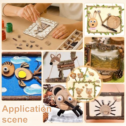 PH PandaHall Wooden Unfinished Craft Kits, Wood Slices for Crafts with Photo Frame Eyes Buttons Pine Cone DIY Wood Building Blocks for Preschool Art Projects DIY Painting Building Sorting Activities