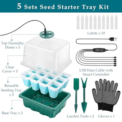 Seed Starter Tray with Grow Light, 60 Flexible Cells 5 PCS Seed Starter Kit, Reusable Seedling Starter Trays with Humidity Dome and High Lid, Germination Trays for Indoor Greenhouse Seed Starter - color: Blue-5 Pack With Light