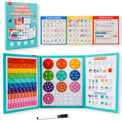 Magnetic Fraction Educational Set, 164Pcs Montessori Math Manipulatives, Fraction Tiles & Circles Set with Dry-Erase Board, Teaching Aid for Middle School & Adult Learners