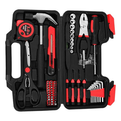 144-Piece Red Home Tool Set, Household Hand Kit with Plastic Toolbox - color: Red, size: 144-Piece