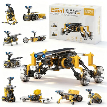 25-in-1 Solar Science Robot Kit, STEM Building Toy for Kids Ages 8+ - color: Yellow & Grey