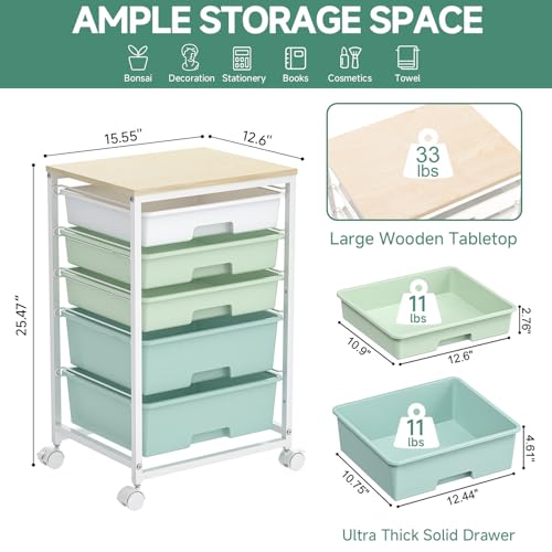 SYKIARIOL Rolling Cart with Drawers,5 Drawers Storage Cart,Light Green - color: Green