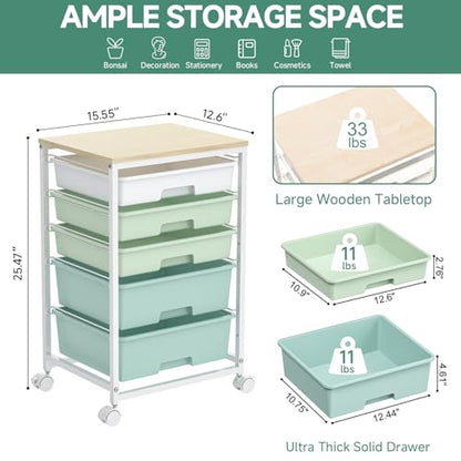 SYKIARIOL Rolling Cart with Drawers,5 Drawers Storage Cart,Light Green - color: Green