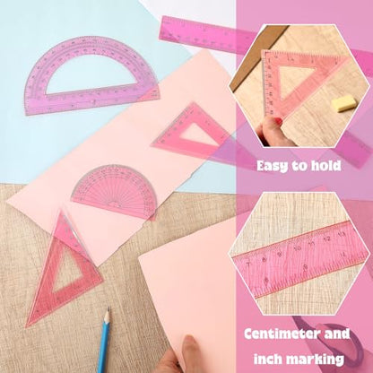 Tenare 6 Pcs Math Geometry Ruler Set, Protractor Triangle School,Pink - color: Pink