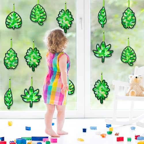 Qyeahkj 36 Set Palm Sunday Suncatchers Crafts for DIY Easter Palm Leaves Window Tissue Paper Crafts Kit Green Leaf Hanging Decor for Spring Home Activity Art Project Party Favor Gift - style: Palm Leaves