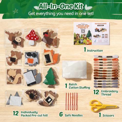 CiyvoLyeen Woodland Animals Craft Kit Kids DIY Crafting and Sewing Set Woodland Animals Felt Plushie for Girls and Boys Educational Beginners Sewing Set Sewing Kits for Kids Age 8 9 10 11 12 - color: Forest animals-12 Pcs