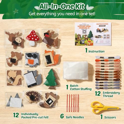 CiyvoLyeen Woodland Animals Craft Kit Kids DIY Crafting and Sewing Set Woodland Animals Felt Plushie for Girls and Boys Educational Beginners Sewing Set Sewing Kits for Kids Age 8 9 10 11 12 - color: Forest animals-12 Pcs