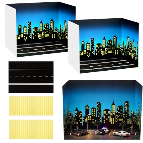 AmazingSpark 2 Set Hero City Skyline Diorama Box and Road Sticker Decor, Black Skyscraper Building Diorama Project Supplies Set, Cardboard Display Case Kit with Double Sided Tapes for DIY Crafts - style: Hero
