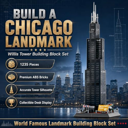 Willis Tower Chicago Architecture Building Block Set 1235 Pcs Famous City Skyline Landmark Model Kit Tall Skyscraper Construction Toy for Adults & Teens Home Office Desk Decor Display Gift - style: Chicago Willis Tower
