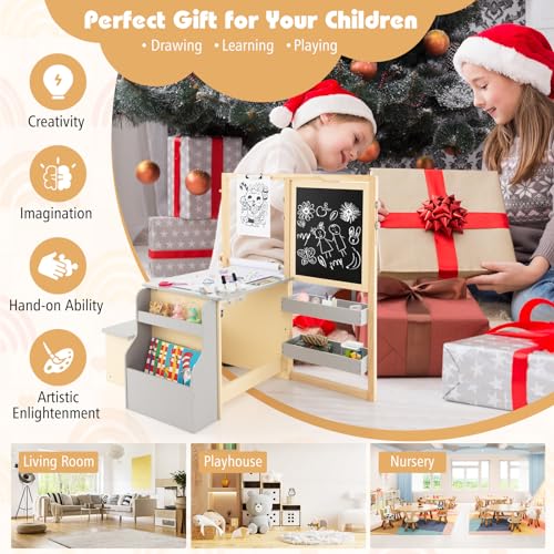 HONEY JOY Kids Art Easel, 6-in-1 Wooden Double-Sided Toddler Table & Chair Set w/Adjustable Magnetic White Board & Chalkboard, Paper Roll, Bookshelf, Storage, Kids Art Table and Chair (Gray) - style: Gray