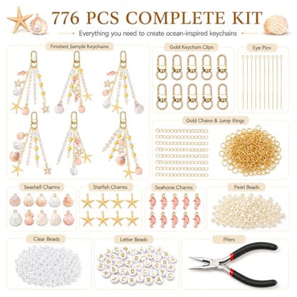 Mavsigak 776 Pcs DIY Keychain Making Kit, Seashell Key Chain Craft Set with Starfish Seahorse Pearl Letter Beads, Keychain Clips and DIY Accessories for Backpacks Purse Tote Bag Charm Kit