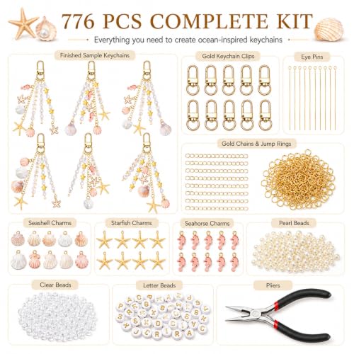 Mavsigak 776 Pcs DIY Keychain Making Kit, Seashell Key Chain Craft Set with Starfish Seahorse Pearl Letter Beads, Keychain Clips and DIY Accessories for Backpacks Purse Tote Bag Charm Kit