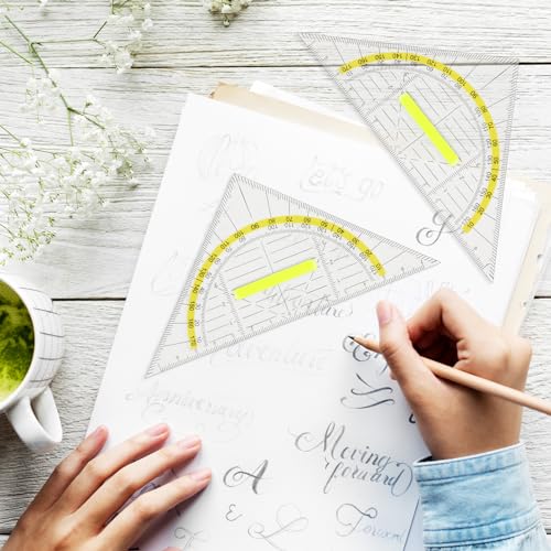 4 Pcs Multifunctional Triangle Ruler with Handle, Plastic Triangle Ruler Protractor Geometry Set Transparent Set Square Drafting Ruler for Architectors Designers Engineers Drawing Tools