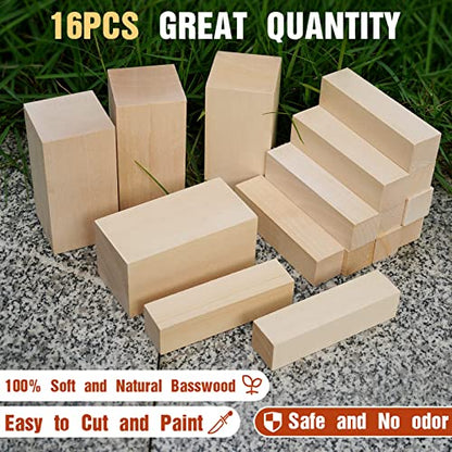 Basswood Carving Blocks, 16PCS Whittling Wood Blocks Kit with 2 Different Sizes, Easy to Use, for Kids and Adults - color: 16 PCS