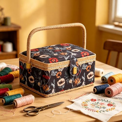 NOTIONSLAND Sewing Basket with Sewing Supplies, Medium Sewing Box for Accessories Storage, Black Red Flower - color: BLACK RED FLOWER