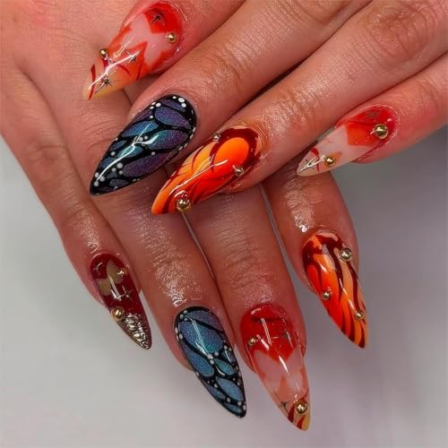 Medium Length Press on Nails Almond Fake Nails Butterfly False Nails with 3D Charms Designs 24Pcs Natural Reusable Acrylic Nails for Women Girls - color: Style31