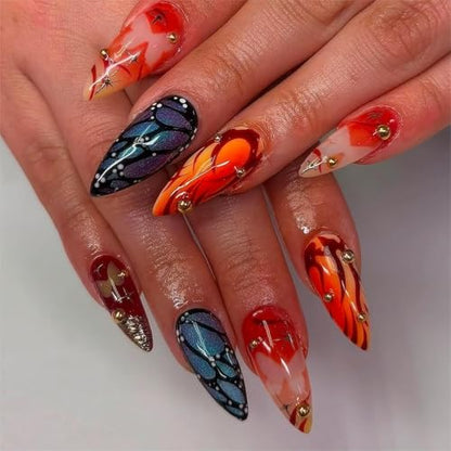 Medium Length Press on Nails Almond Fake Nails Butterfly False Nails with 3D Charms Designs 24Pcs Natural Reusable Acrylic Nails for Women Girls - color: Style31