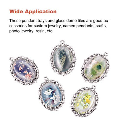 PH PandaHall 60pcs Bezel Pendant Blanks Settings - 30pcs Oval Pendant Trays Photo Charms with 30pcs Glass Cabochons for Wedding Brides Bridal Bouquet Charm Necklace Jewelry Making, 25x18mm - size: Tray: 25x18mm