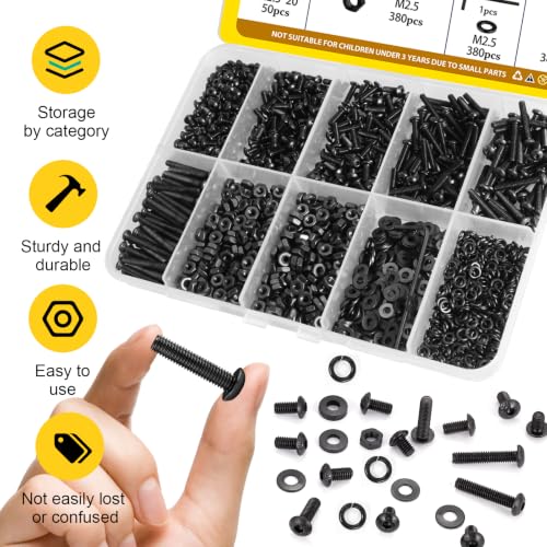 1520PCS M2.5 Hex Button Screws Assortment Kit, M2.5x4/6/8/12/16/20 mm - size: M2.5 1520pcs