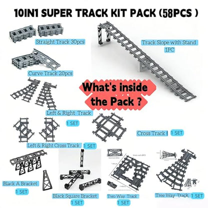10IN1 (58PCS) Train Bridge Toy Track Accessory for Kids, Classic Railway Track Building Toy with Straight, Curved, Bracket, Cross & Bridge Tracks (Train Base 58PCS) - style: 10IN1 SET