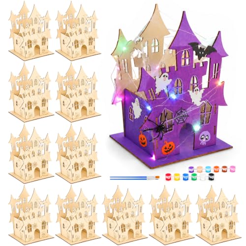 DoubleFill 12 Set Halloween Wooden Castle House Craft Kits, DIY