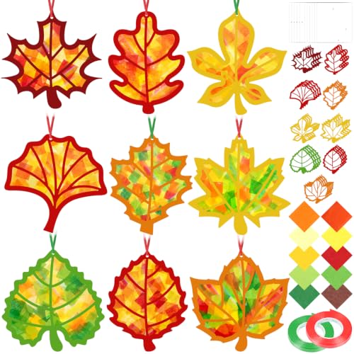 Renbuzhu 48PCS Fall Crafts Bulk: Leaves Pumpkins Paper Suncatchers DIY Kit for Autumn Thanksgiving Activities Decorations, Window Stained Glass Effect Art Supplies(Colorful Style) - style: colorful fall leaves