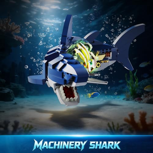 INSOON Mechanical Shark Building Set STEM Toy with LED Light for Boys 8-12+