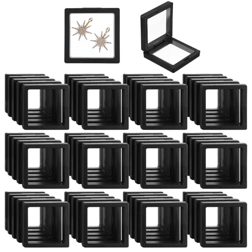 60PCS 3D Floating Frame Case, 2.8" x 2.8" x 0.8" Coin Frame Display Holder Stands, Black Antique Challenge Coin Display for Jewelry, Shells, Gems, Minerals, Rocks, Specimen and Pins