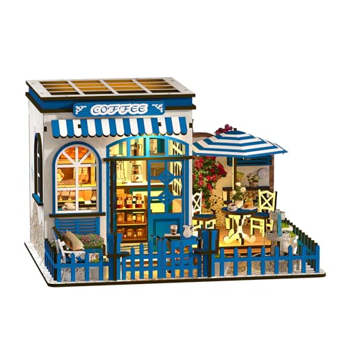 DIY Miniature House Kit, Coffee Shop Book Nook Kit, Mini Building Kit, Dollhouse Kit for Adults and Teens, 3D Wooden Puzzles with LED Light, Craft Kit for Family and Friends(Sunny Coffee Shop) - style: Sunny Coffee Shop