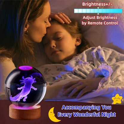 3D Axolotl Crystal Ball Lamp with Remote Control, 3.15 inch Crystal Night Light with Wooden Base 16 Colors Change, Glass Figurine Lamp Gift for Girls Boys Wife Girlfriend Mom (Axolotl B) - color: Axolotl B