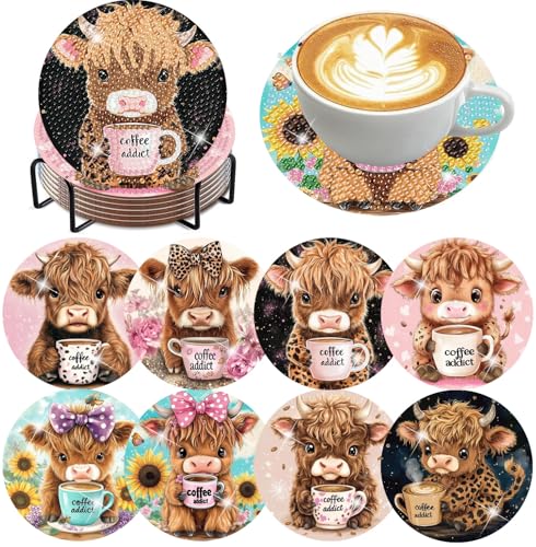 mrpwnle Diamond Art Coasters Kits, 8 Pcs Cow Diamond Painting Coasters Kits - color: Coffee Cow