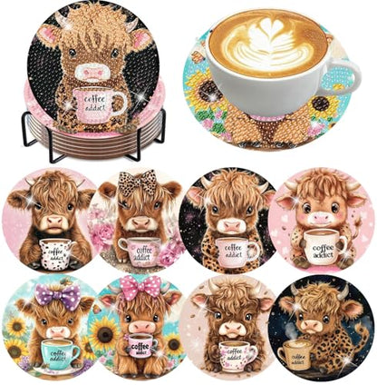 mrpwnle Diamond Art Coasters Kits, 8 Pcs Cow Diamond Painting Coasters Kits - color: Coffee Cow