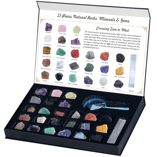 Rock Collection for Kids, 25PCS Crystal Gem Mineral Collection Set Box Gift for Boys and Girls, Natural Gemstone with Learning Guide Education Set
