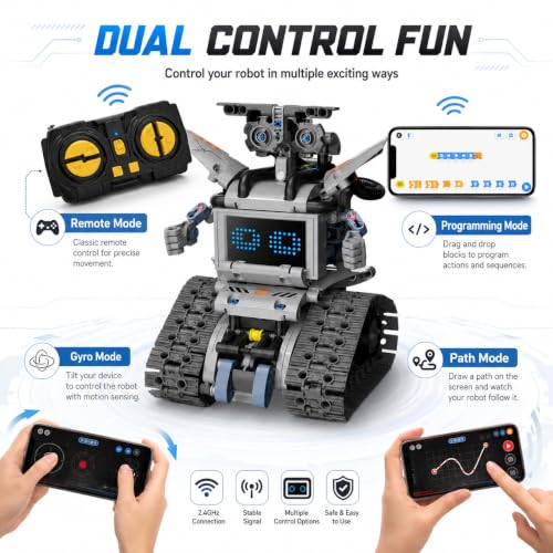 5-in-1 STEM Building Blocks Kit - 2.4GHz RC and Phone App Controls. Programmable Robot Toy. Gifts for Kid Boys Girls Ages 5 6 7 8 9 10 11 12 13