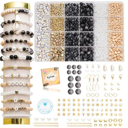 Xylise 6mm/8mm Crackle Glass Beads Bracelet Making Kit Crystal Glass Beads Jewelry Making Kit, Friendship Bracelet kit for DIY Crafts Gifts - color: Two-tone black