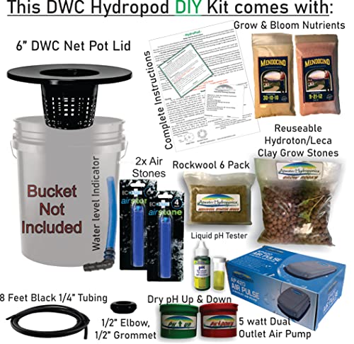 The Atwater HydroPod - DIY Add Your Own Bucket KIT - DWC Deep Water Culture Hydroponic Garden System - Bubble Bucket - with Nutrients and pH Kit - Bucket Not Included