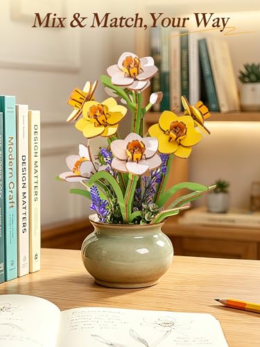 Rolife 3D Flower Wooden Puzzles-Daffodils Narcissus, DIY Flowers Model Kit Building Set Crafts for Adults, Botanical Collection Ideal Creative Birthday Gift, Artificial Flowerpot for Decor and Display
