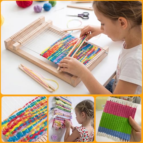 Wooden Weaving Loom Kit for Kids,Arts and Crafts Mini Weaving Loom with 13 roll Colorful Yarns,11.4" x 7.5" Hand-Knitting Frame Looms for Easy Weaving,Weaving Loom and Yarns for Beginners and Adults